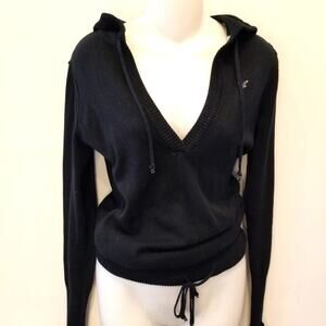 American Eagle Outfitters Black Cotton V- Neck Sweater Hooded Cotton Knit Size S